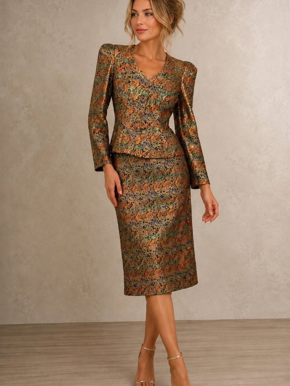 Women’s J. Reynolds VTG 80s Metallic Paisley Skirt Suit Sequin 2-Piece Sz S
